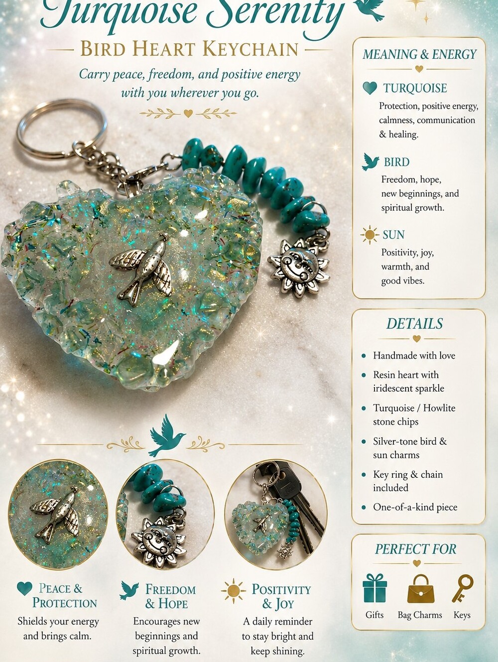 Turquoise Serenity Bird Heart Keychain - Turquoise Heart Charm